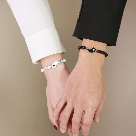 Couples Bracelet White Black Stones Bagua Yin yang Charms New - Picture 1 of 10